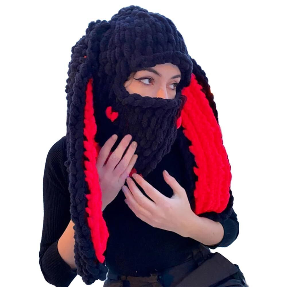 7871 Thickened Crochet Knit Balaclava Hat Girls, Funny Long Bunny Ears